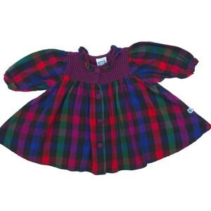 Vintage Little Me Plaid Dress Kids Multicolor Smocked Flannel 9M